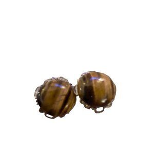 Vintage Tigers Eye Goldtone Clipon Earrings Jewelry Rare Work Wear Striking